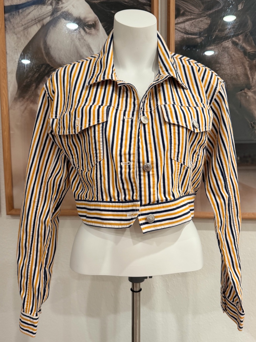 Forever 21 Striped Cropped Denim Jacket Navy Mustard White Size M #J1010-06